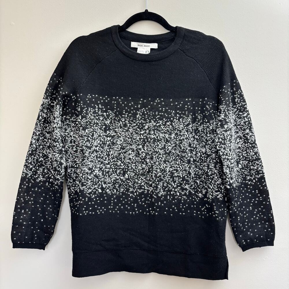Basic House Black White Crew Neck Pull Over Wool Long Sleeve Sweater Women's XS